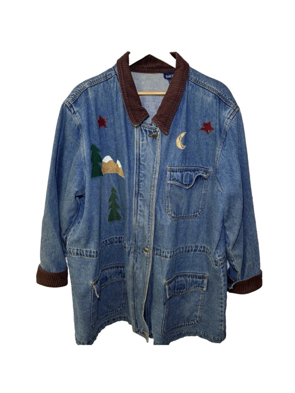 Baccini Womens Denim Jacket 2XL Embroidered Birdhouses Vintage Barn Jacket Moon